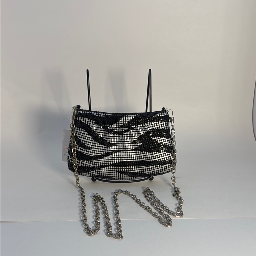 Zebra Print Beaded Clutch with Chain